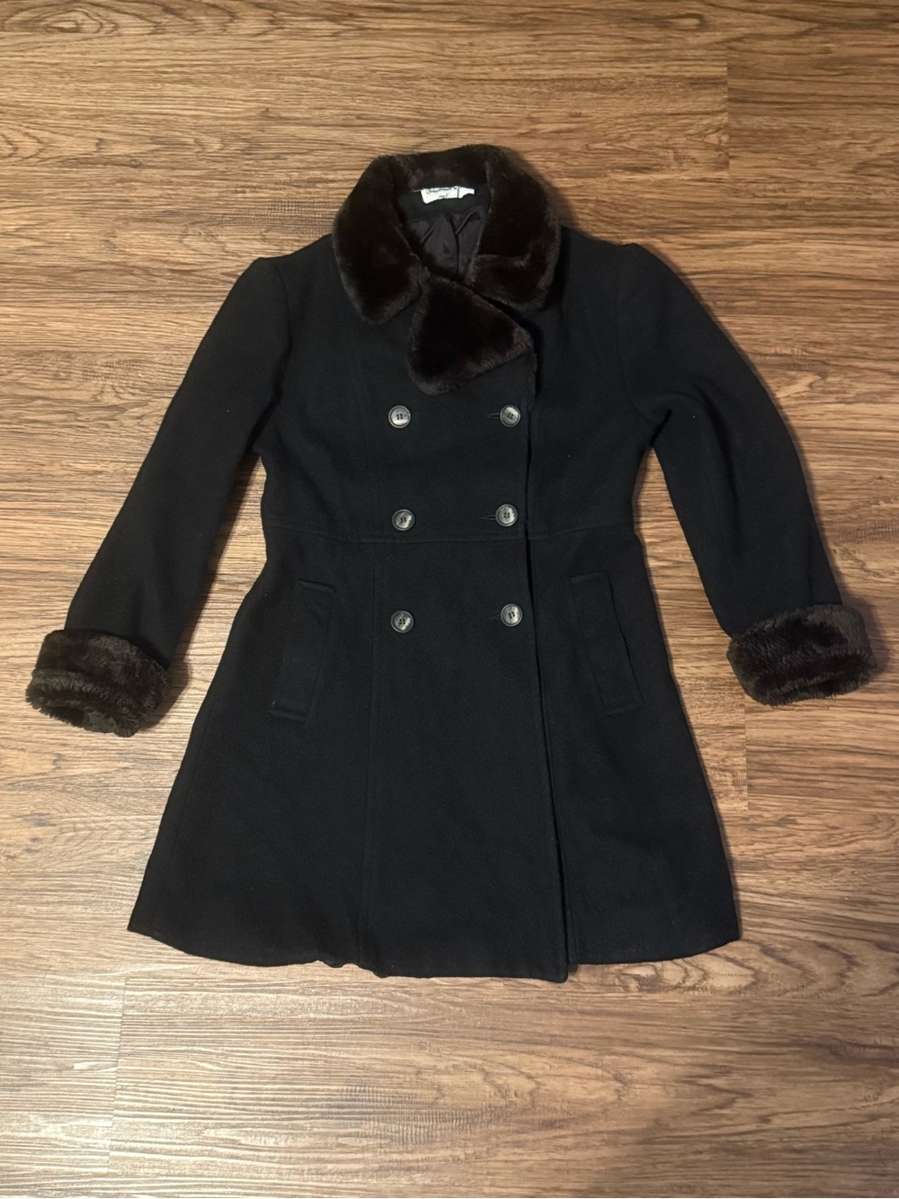 Jonathan Michael Women's Black Wool Double-Breasted Coat with Faux Fur - Size 6